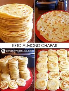 the process of making keto almond chapatis is shown in three pictures and then finished