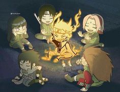 some cartoon characters sitting around a fire