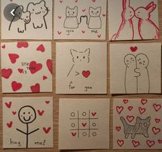 some drawings on paper with hearts and animals