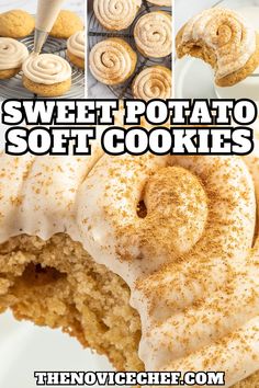 sweet potato soft cookies with white frosting and cinnamon sprinkles on top