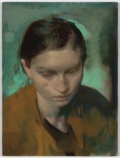 an oil painting of a woman's face in brown, green and blue tones