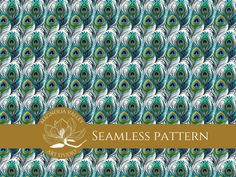 the seamless peacock pattern is shown in blue, green and white colors with a gold border