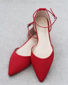 RED Satin Pointy Toe Flats with Ankle Strap #shopkaileep #holidayshoes #womenshoes #weddingshoes Red Quinceanera Shoes High Heels, Doctor Clothes, Red Flat Shoes, Flats With Ankle Strap, Autumn Shoes Women, Black Blush, Basic Shoes, Dr Shoes, Holiday Shoes