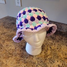 Handmade Crochet Bucket Hat In Lavender, Royal Purple, Sea Foam Green, And Baby Pink. Fits Most Teens/Adults, Size Large New, Never Worn Cute Purple Beanie Hat, Purple Adjustable Crochet Hat, Purple Crochet Yarn Hat, Adjustable Purple Crochet Yarn Hat, Adjustable Purple Yarn Crochet Hat, Handmade Purple Beanie Hat, Adjustable Lavender Brimmed Hat, Purple One Size Beanie Hat, Purple Crochet Hat For Spring