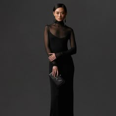 Black Gala Dress Long, Formalwear Aesthetic, Gala Dress Long, Sleeve Dress Formal, Black Gala Dress, Evening Dress Outfit, Gala Dress, Transparent Fabric, Long Sleeve Dress Formal