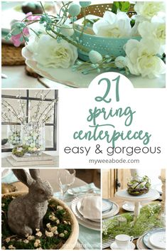 easter decorating with white flowers and greenery in the centerpieces, including an egg