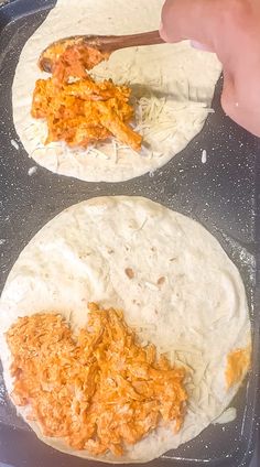 two uncooked tortillas sitting on top of a pan