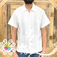 Beautiful and elegant guayabera. Made with high quality linen fabric for maximum comfort so you look authentic and bold. You will love the machine embroider with silk thread and every detail!  Guayaberas are handcrafted by artisan from Yucatan. PLEASE CHECK SIZE CHART TO SELECT BEST SIZE FOR YOU. Mens Dress Shirts, Handmade Cups, Mexican Dresses, Mens Dress, Silk Thread, White Short, Tee Dress, Embroidered Design, Mens Shirt Dress