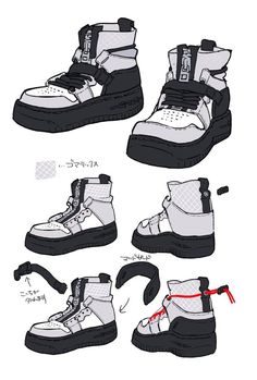 some sketches of different shoes with red and black straps on them, one is white and the other is grey