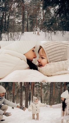 two photos of a woman and child in the snow, one is holding her head