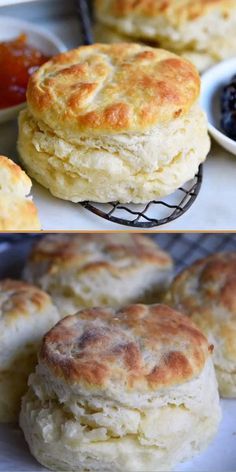 biscuits and jams are being served on the table for breakfast or as an appetizer