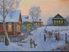 a painting of people playing in the snow near some houses and trees on a snowy day