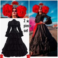 a woman wearing a black dress with red flowers on her head, and two pictures of the same outfit