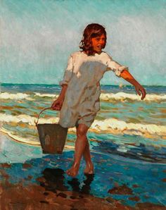 a painting of a girl walking on the beach with a bucket in her hand and color swatches