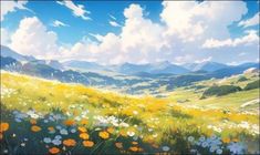 an anime scene with flowers in the foreground and mountains in the background, as well as clouds in the sky