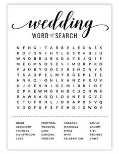 the wedding word search printable is shown in black and white, with words that spell out