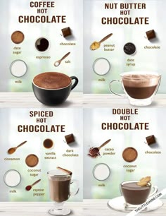 there are different types of hot chocolates in the pictures