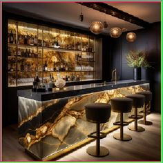 an elegant bar with marble counter tops and stools