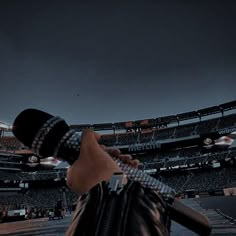 a person holding a baseball bat in front of an empty stadium