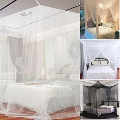 there are pictures of different rooms with white furniture and bed linens on the bedspreads