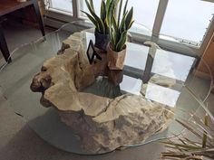 a glass table with some plants and rocks on it in front of a large window