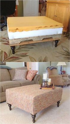 a couch and ottoman in a living room next to each other with the same mattress on it