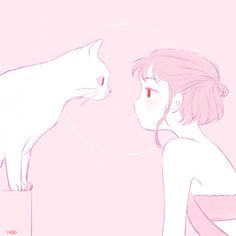 a girl and a cat are facing each other