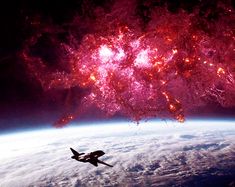 an airplane flying over the earth in front of a pink and red tree with stars