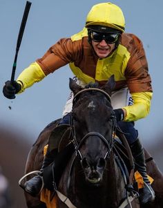 a man riding on the back of a brown horse while holding onto a black stick