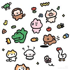 an assortment of cartoon stickers on a white background, including animals and other objects