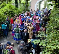 a group of people dressed in costume walking down a path with trees and bushes behind them