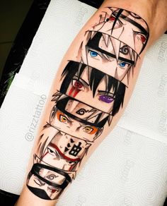 a man's leg with tattoos on it and some anime characters in the background