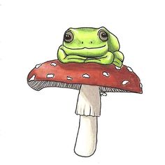 a drawing of a frog sitting on top of a mushroom with its eyes open and tongue out