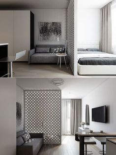 three different pictures of a bedroom and living room in one photo, the other has a bed