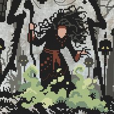 a cross stitch pattern of a woman walking through a forest with black cats and trees in the background