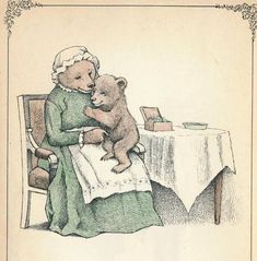 an old woman sitting at a table with a teddy bear