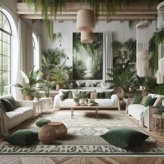 a living room filled with lots of green plants and pillows on top of a rug