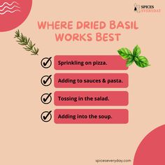 the words where dried basil works best are displayed on a pink background with green leaves