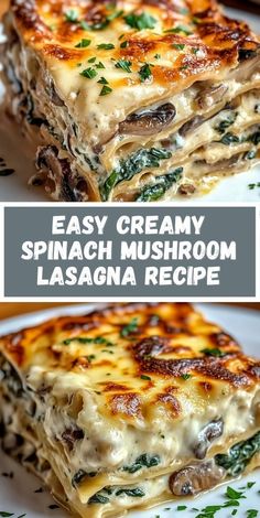 the lasagna recipe is made with creamy spinach, mushrooms and parmesan cheese