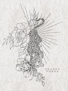 a drawing of a leopard with flowers on it