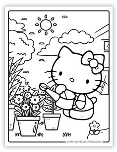 a hello kitty coloring page with flowers and potted plants in front of the sun