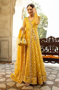 Yellow Mehndi Dress in Bridal Angrakha Frock Style Yellow Mehndi Dress, Angrakha Frock, Shaadi Dresses, Groom Sister, Pakistani Frocks, Angrakha Dress, Western Gowns, Gota Embroidery, Pakistani Bridal Dress