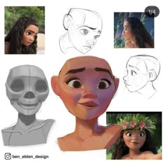 some drawings of people with different facial expressions and hair styles, including an alien head