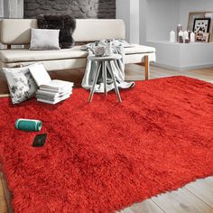 a living room with red carpet and furniture