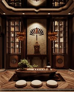 a room with wooden floors and shelves filled with vases