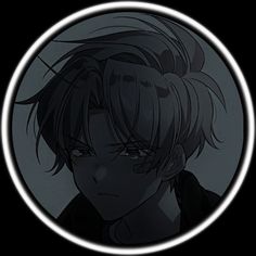 an anime character with long hair and black eyes in a circular frame on a dark background