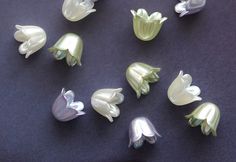 there are many different flowers on the table together, including one white and one green