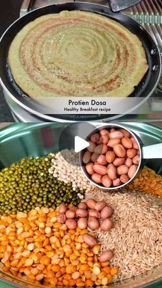 there are many different types of food in the pans on this table, including beans and rice