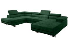 a green sectional couch with two recliners