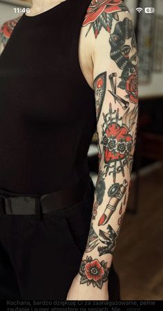 Traditional Tattoo Mixed With Modern, Black White And Red Tattoo Sleeve, Rose Cuff Tattoo, Female American Traditional Sleeve, American Traditional Flame Tattoo, Tattoo Sleeve Women Traditional, Black And Red Neo Traditional Tattoo, Arm Tattoos For Women Traditional, Black Tattoo With Red Accents